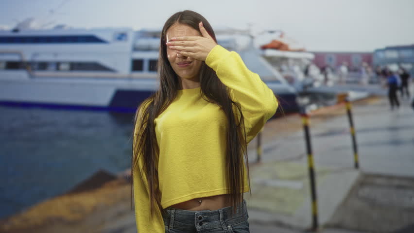 Teenage girl in yellow sweater covering eyes with right hand at harbor pier by a ferry and bollard posts, later revealing face and raising arm; shyness.