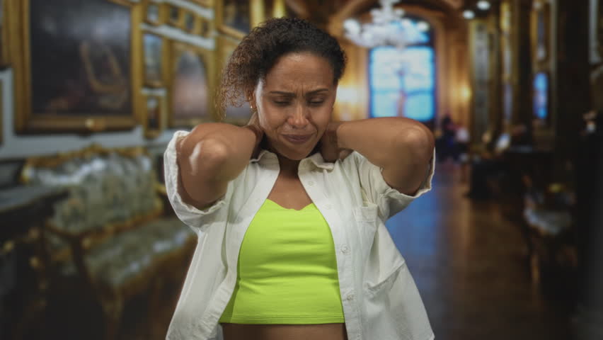 Woman wearing neon green top and open white shirt, hands on neck and face tilted back in museum gallery; pain.
