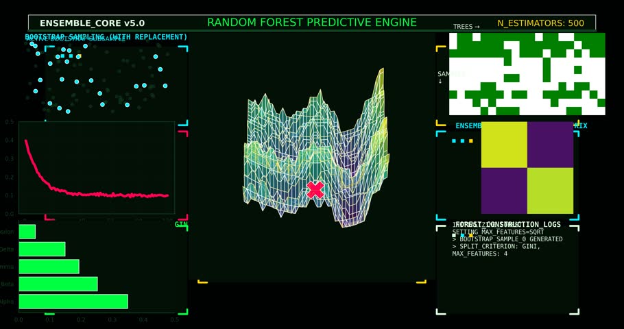 Random Forest Machine Learning Algorithm Visualization with Ensemble Prediction Model, Feature Importance Analysis, Data Mining Concept and Predictive Analytics Technology