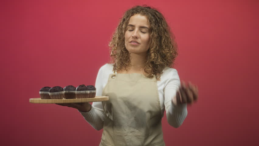 Woman holding chocolate muffins on a wooden board, hand on head gesture in studio; home baking joy warmth.