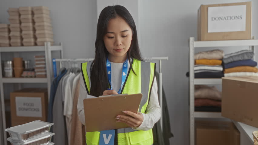 Woman in reflective vest taking notes at indoor charity center surrounded by donations depicting volunteer work and organization of supplies.
