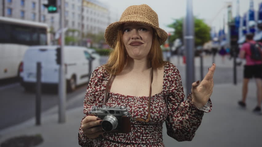 Woman holding vintage camera points finger to head on a busy city street with buses and pedestrians; tourist confusion.