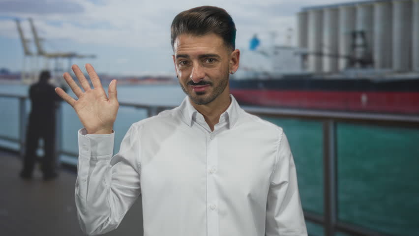 Man waves hand on cruise deck beside metal railing overlooking turquoise sea and distant cargo ship; friendly greeting.