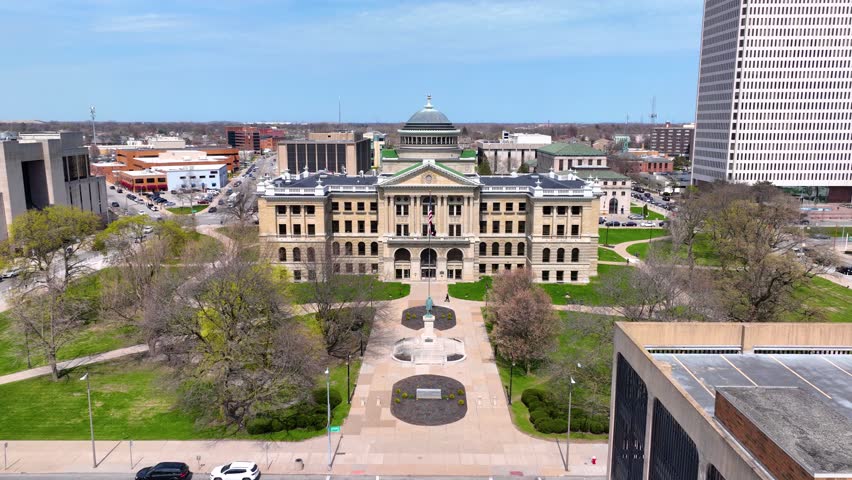 Lucas County Courthouse aerial view at 700 Adams Street in downtown Toledo, Ohio OH, USA. 