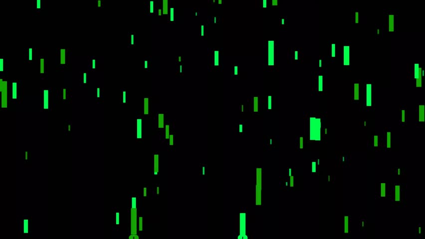 Abstract futuristic background featuring vertical glowing green rectangular bars scattered on a black backdrop, representing digital data streams, computer coding, and matrix-style technology.