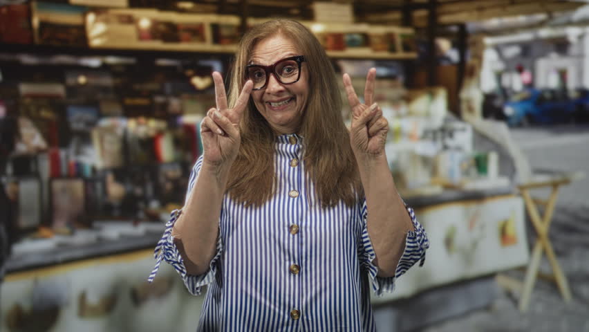 Senior woman wearing striped shirt and glasses holds up peace signs with both hands at street market stall with folding table and products; joy peace.