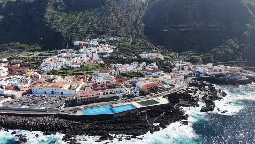 Garachico Tenerife Spain town centre establishing aerial shot