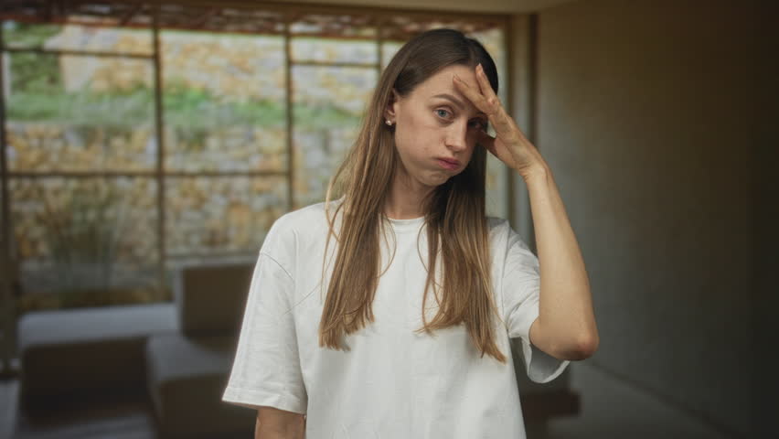Woman with hand on forehead touching forehead in spa lounge building wearing white t shirt and pearl earring; fatigue recovery rest.