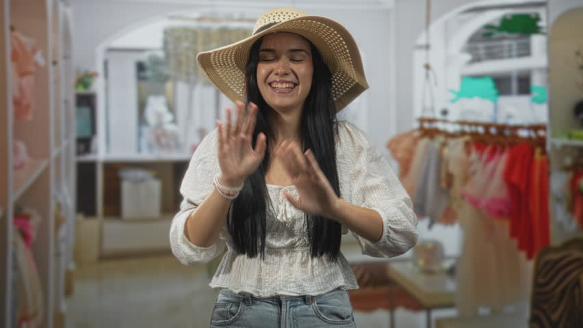 Woman with long black hair and straw hat shielding face with outstretched hand while smiling and touching chest amid boutique clothing racks inside a building; playful joy.