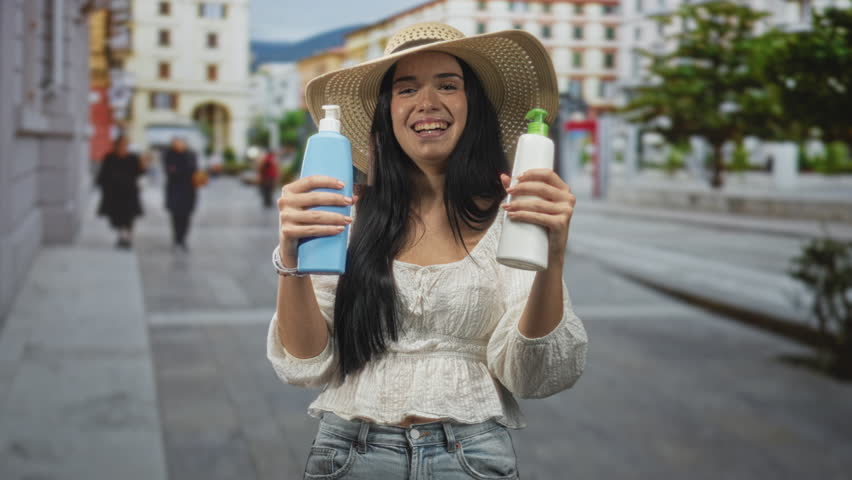 Woman holding two sunscreen bottles on a pedestrian street in town, smiling broadly and offering the bottles with both hands toward camera; joy sun protection.