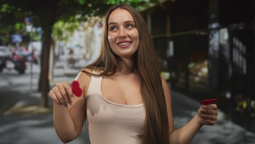 Young woman holding two red heart props and puckering lips in street amid trees and storefronts; playful romance.