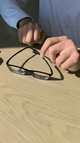 Close up in natural light of Asian man with cerebral palsy holding glasses bridge with right hand, left hand picking up white cloth preparing to wipe on wooden table. Fine motor skills training.