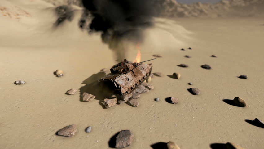 Army tank on fire after being shot in battle in the desert
