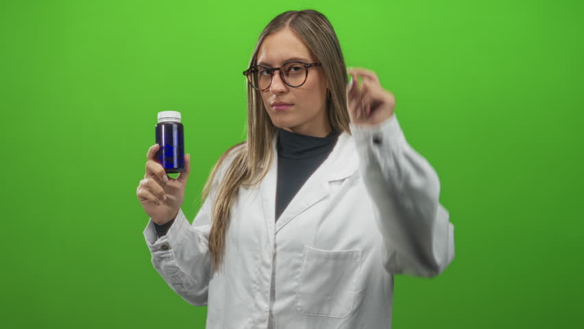 Young woman wearing lab coat and glasses holding small blue pill bottle while pointing finger directly toward camera in studio green screen set; confidence.