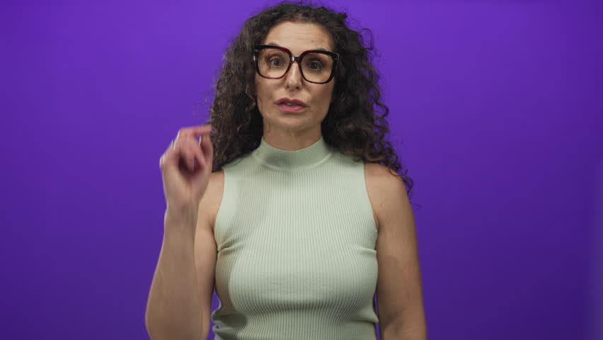 Young woman wearing glasses and green top beckons hand forward in purple studio; friendly invitation.