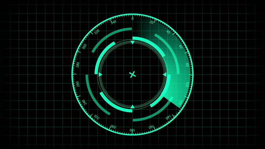 Animated rotating radar screen HUD interface green teal sci fi technology seamless loop. Futuristic HUD interface rotating radar screen sci fi technology seamless loop 4k ultra hd.