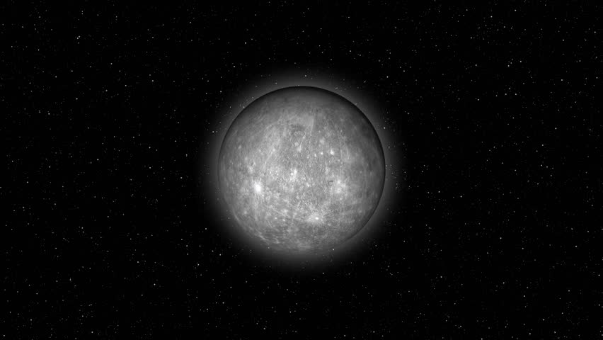 Mercury planet orbit animation seamless loop realistic 3D space celestial universe 4K UHD. Mercury orbiting space animation seamless loop galaxy stars night sky cosmic background 4K UHD.