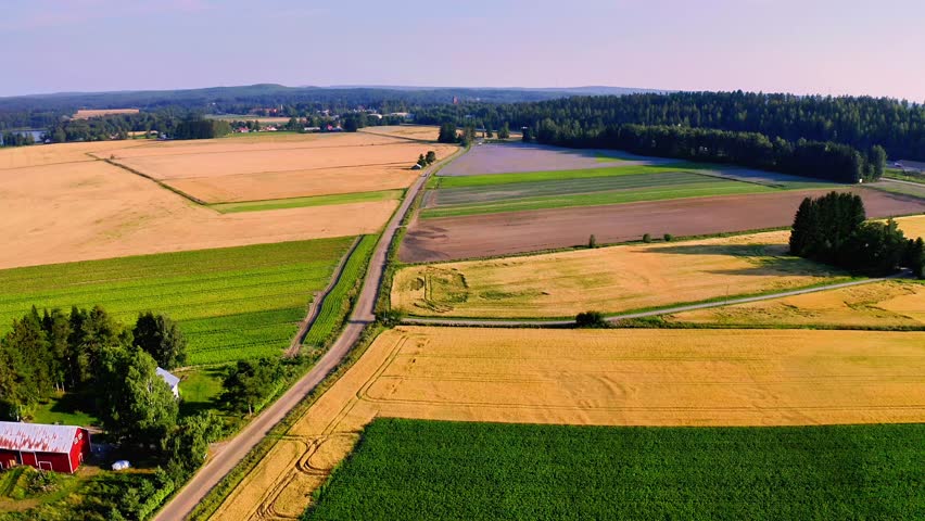 Aerial View of Expansive Farmland with Lush Fields, Quiet Roads, and Serene Landscape in summer Finland