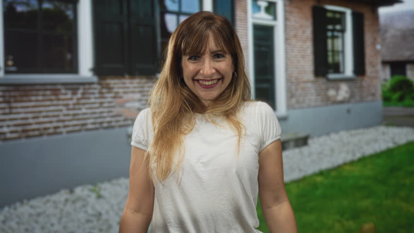 Woman smiling at camera, face and shoulders visible at a house entrance building with brick wall and green lawn outdoors; joy warmth.