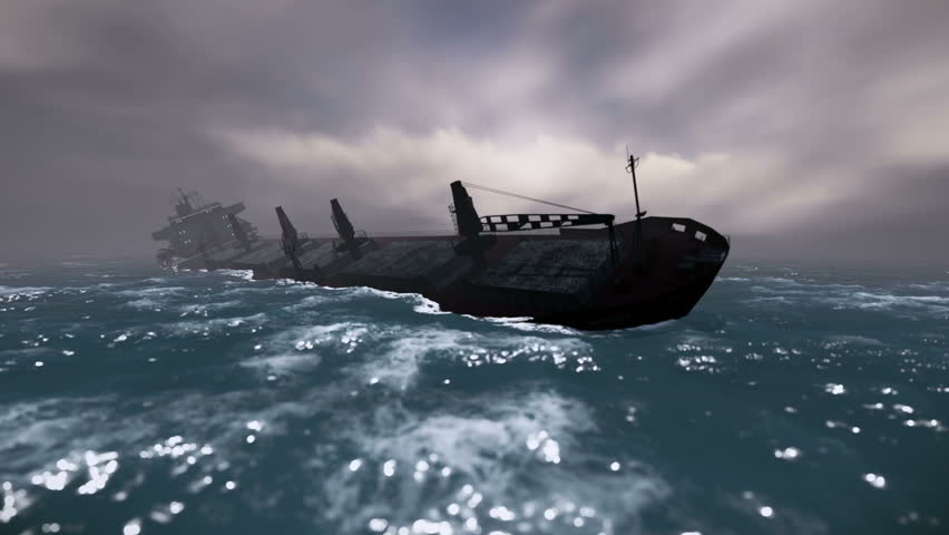 Cargo ship sinking in the ocean
