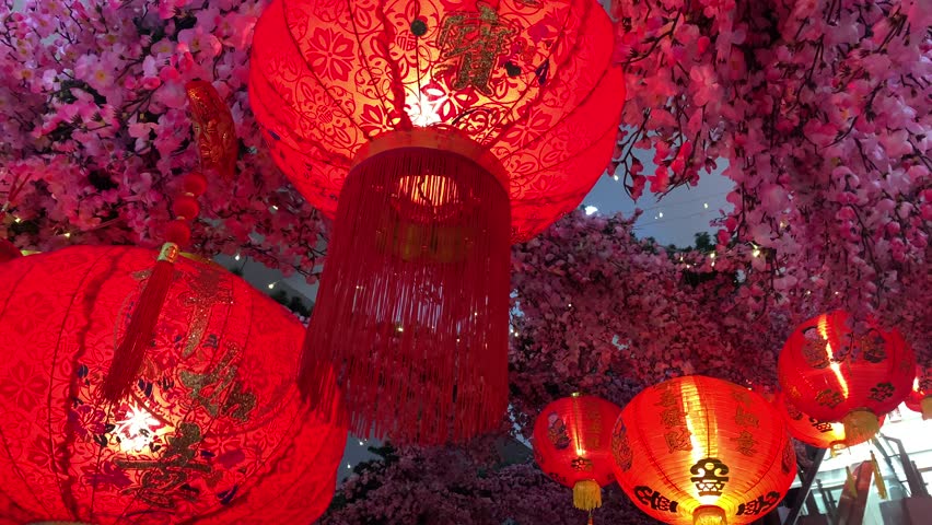 Chinese New Year red lanterns on the ceiling in the shopping center mall