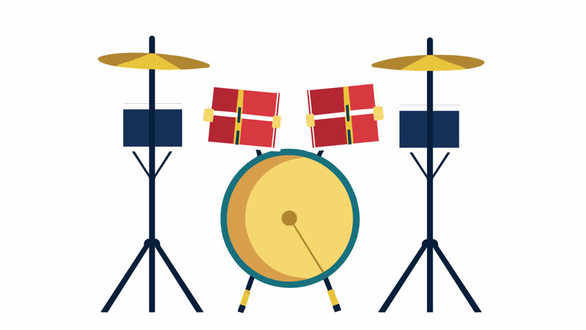 Drum kit. Musical rhythm animation, alpha channel. Cartoon