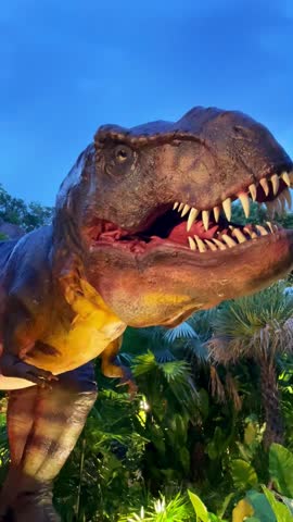 A lifelike dinosaur model in a park environment, showing intricate details as it moves its head and opens its mouth, providing an exciting and engaging experience for visitors.
