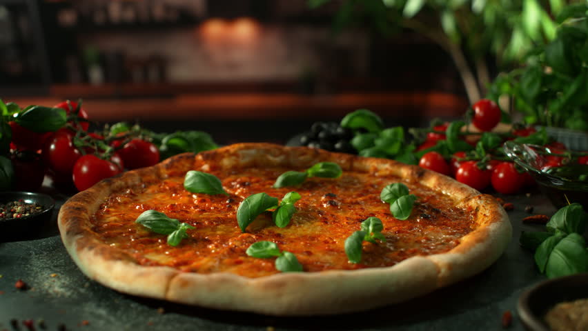 Rotating Fresh Pizza Margherita, Endless Loopable Slow Motion Shot.