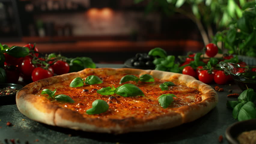 Rotating Fresh Pizza Margherita, Endless Loopable Slow Motion Shot.