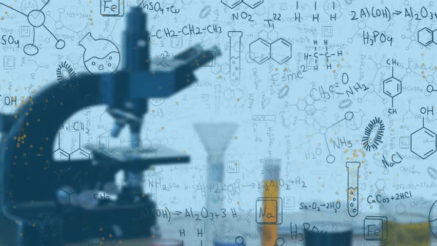 Mathematical equations floating over close up of microscope and test tubes at laboratory. Medical research and science technology concept