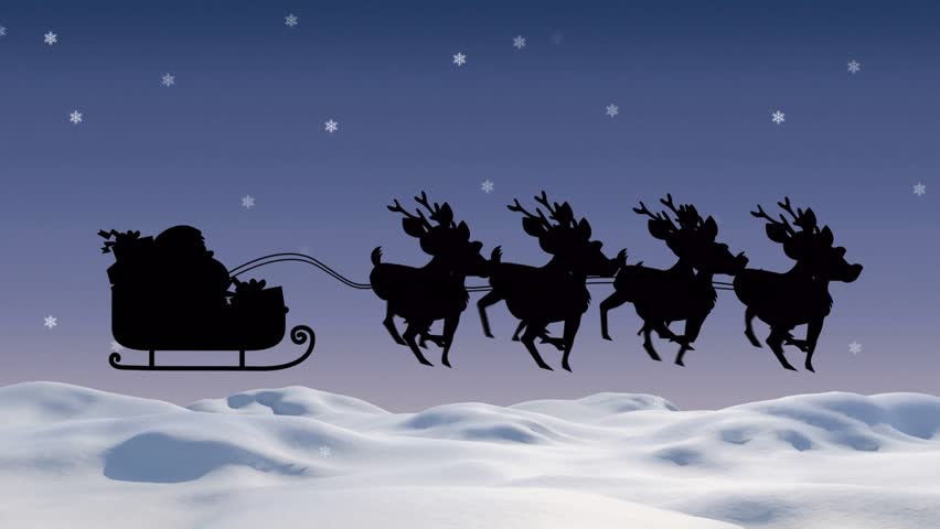A digital image of santa claus and his sleigh flying through the air against a background of falling snowflakes.