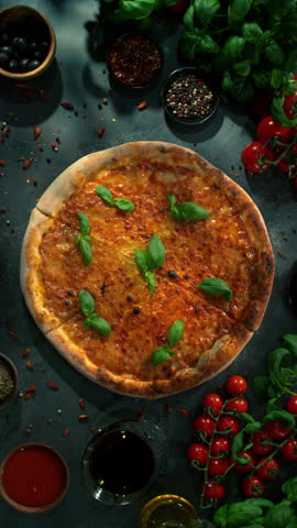 Rotating Fresh Pizza Margherita, Endless Loopable Slow Motion Shot.