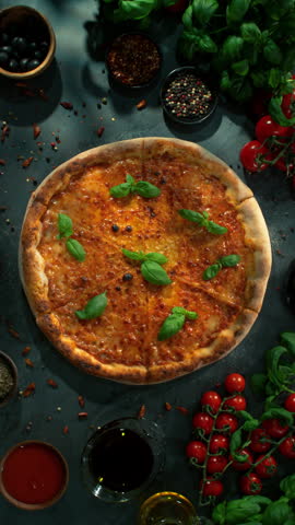 Rotating Fresh Pizza Margherita, Endless Loopable Slow Motion Shot.
