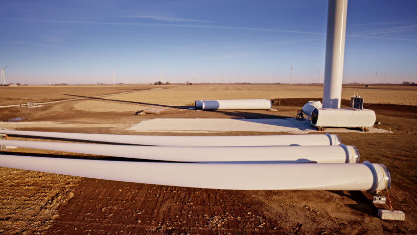 Drone footage capturing cranes lifting turbine components