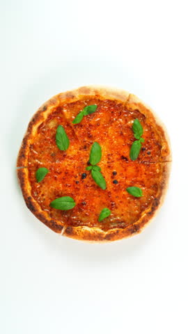 Rotating Fresh Pizza Margherita, Endless Loopable Slow Motion Shot.