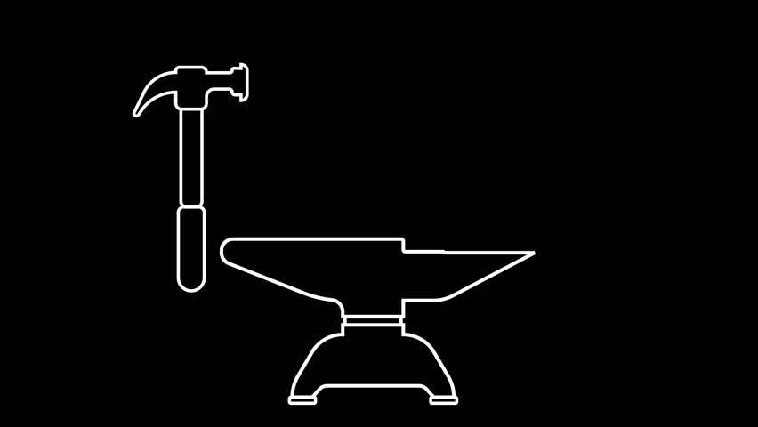 Blacksmith Anvil and Hammer Line Art Icon Isolated on Black  Background
