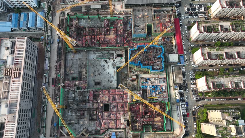  Aerial footage of new buildings under construction in of shenzhen city, China