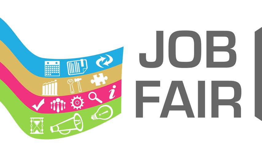 Job Fair concept animation with text and business related symbols.
