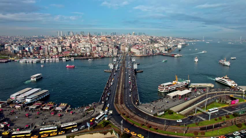 Aerial panorama looking toward Eminönü across the Galata Bridge. The Bosphorus, ferry traffic, waterfront roads, and dense urban fabric form Istanbul’s dynamic cityscape.