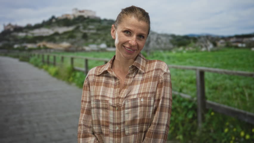 Woman beckons with index finger on a country street by a wooden fence and green field; playful invitation.