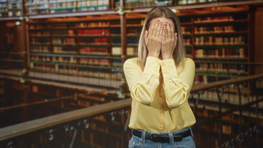 Blonde woman smiling with hands raised to face, waving palms and making playful faces in a library among tall bookshelves and a mezzanine railing, wearing yellow shirt and jeans; playful joy.