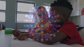 Animation of qr code and falling binary codes over multiracial students studying in classroom. Digital composite, multiple exposure, barcode, childhood, coding, education and school concept. - Powered by Shutterstock - Get 15% off with code: PIKWIZARD15