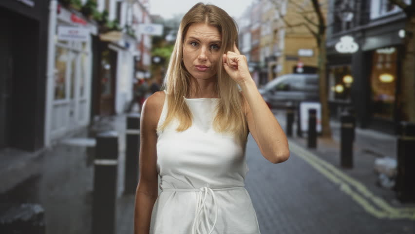 Woman in white sleeveless dress touching her eye with hand and pouting on a street lined with storefronts; quiet sadness.