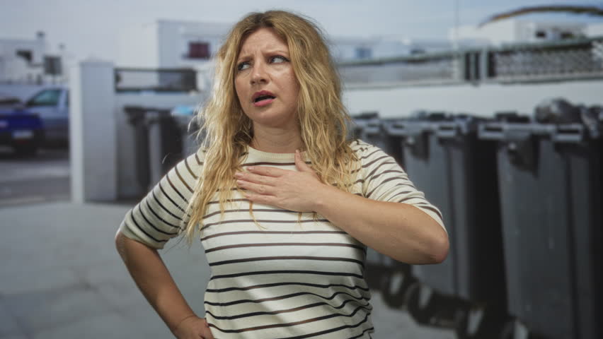Woman blonde young clutching chest beside row of recycling containers on city street; distress concern fatigue.