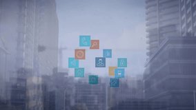 Composite video of globe of digital icons spinning against tall buildings. Business and technology concept - Powered by Shutterstock - Get 15% off with code: PIKWIZARD15