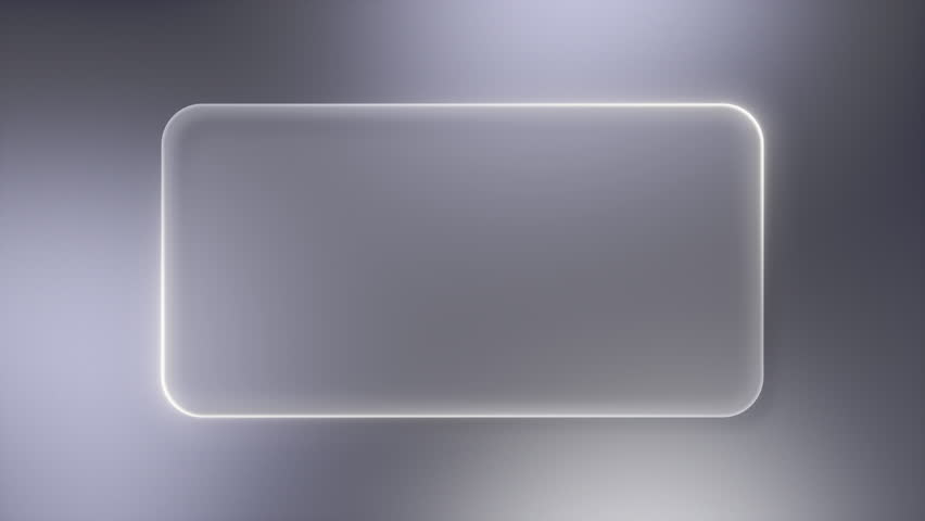 Elegant dark glassmorphism. Frosted glass rectangle on grey metallic background. White glowing edges, seamless loop for premium tech design.