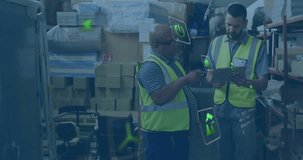 Warehouse lead gesturing toward shelves and junior scrolling tablet with AR icons monitoring CO₂. Collaboration, logistics, inventory, digital, technology, productivity, teamwork - Powered by Shutterstock - Get 15% off with code: PIKWIZARD15