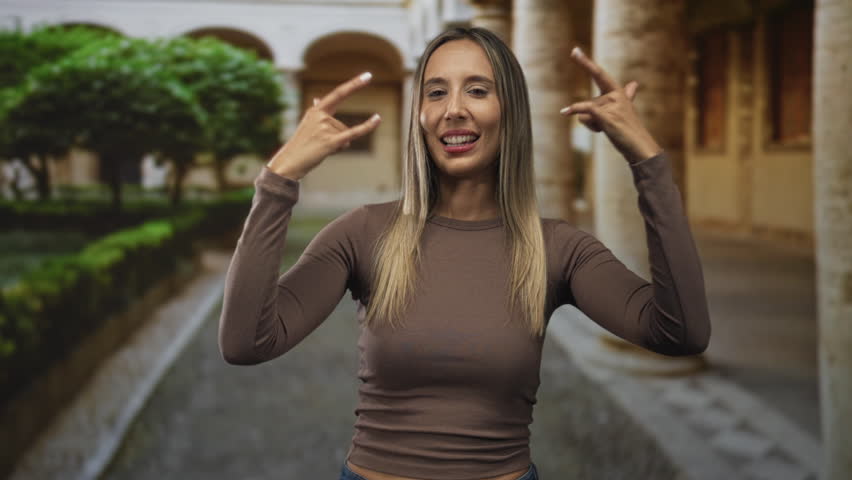 Woman with hands making rock horns gesture in old town building courtyard street smiling; rock fun joy.