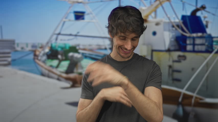Man with hand on chest next to fishing boat on street dock under clear blue sky wearing grey t shirt and smiling gently; gratitude sincerity.