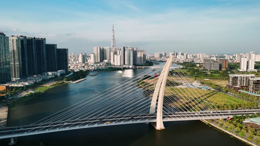 Aerial view of ho chi minh city skyline, saigon river, vietnam.